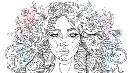 High-Quality Colorful Continuous Black Line Art of Girl’s Face with Long Wavy Hair Intertwined with Flowers – Symbol of Natural Beauty and Serenity