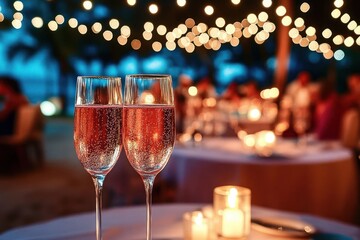 Two sparkling champagne glasses on a table with lit candles and blurred festive lights in the background creating a romantic and celebratory atmosphere
