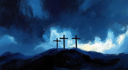 Three crosses silhouetted against a dramatic dark blue sky on a hilltop, evoking a somber and reflective mood