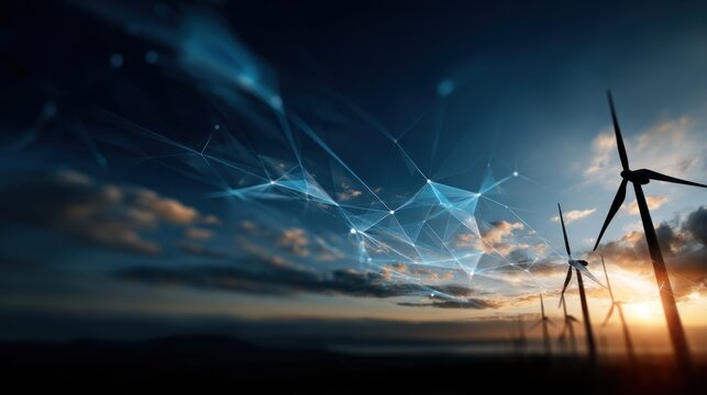 Futuristic Digital Illustration of Wind Energy Concept at Sunset - Powered by Adobe