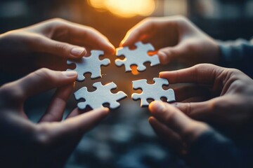 Four hands holding puzzle pieces coming together against a warm glowing background symbolizing teamwork and collaboration