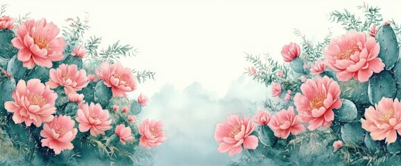 Obraz premium Delicate pink cactus flowers blooming vibrantly on green succulent pads with leafy accents against a soft pale blue and white background