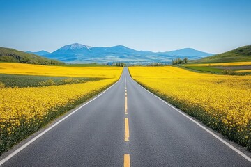 Naklejka premium Straight empty road flanked by vibrant yellow flower fields under clear blue sky with distant mountains