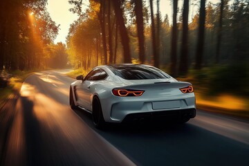 Fototapeta premium White sports car driving fast on a winding forest road during golden hour with sunlight streaming through autumn trees