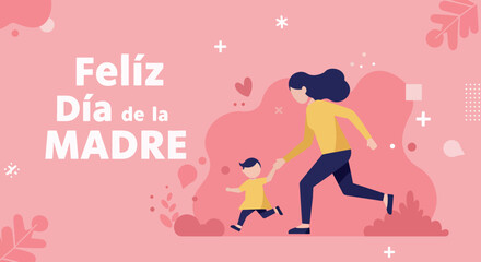 Mother and Child Walking Hand in Hand on Pink Background with Flowers for Mother's Day Celebration