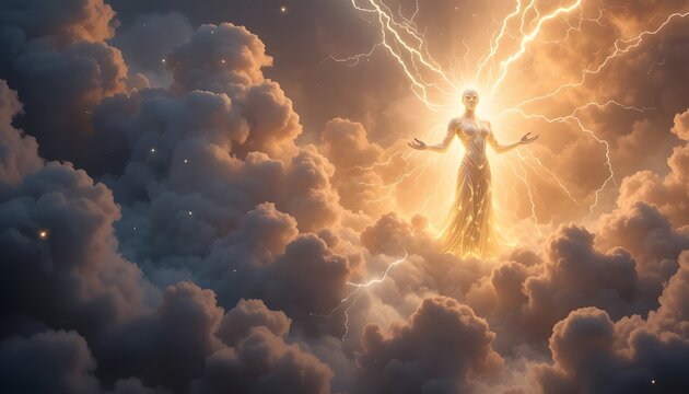 "Lightning elemental spirit emerging from clouds, made entirely of electricity and light, celestial atmosphere"
