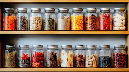 Jars of colorful spices arranged on wooden shelves