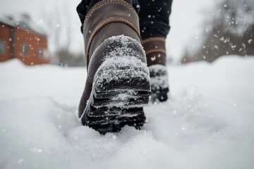 close-up of a person wearing brown boots walking through fresh snow with snowflakes falling under a cloudy sky