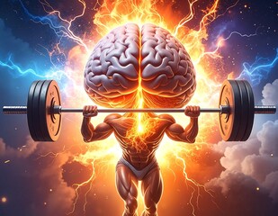 A muscular man lifts heavy weights in a gym, showcasing his strength, while a translucent brain graphic hovers in the background, symbolizing mental focus.