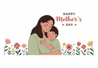 Happy Mother and Daughter Embracing with Flowers