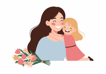 Happy Mother and Daughter Embracing with Flowers