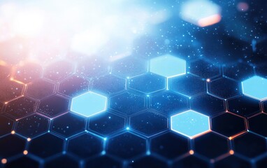 Close-up view of glowing blue hexagonal shapes forming a digital futuristic grid pattern with bright light effects and particle elements in a technology-style background