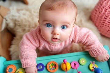 curious baby with bright blue eyes wearing a pink sweater playing with colorful bead maze toy on a wooden surface indoors