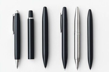 Fototapeta premium six sleek pens and pen components arranged side by side on a white background showing various pen styles and finishes in black and silver colors