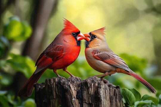A vibrant red male cardinal and a soft brown female cardinal perched closely on a weathered tree stump, sharing an intimate moment in a lush green forest setting - Powered by Adobe