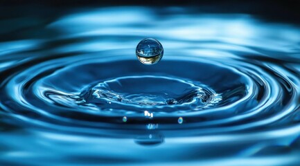 Close-up of a water droplet suspended above a rippling water surface with concentric circles, showcasing fluid dynamics and natural calmness