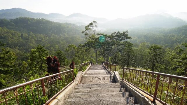 An immersive first-person view (POV) video walking down a long stone staircase into a vast, misty mountain valley. The path leads into a lush green forest, creating a sense of adventure and journey.
