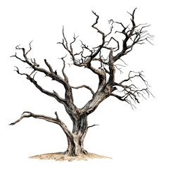 Fototapeta premium A skeletal, gnarled tree with bare branches against a white background.
