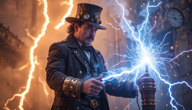 "Steampunk inventor controlling weather with lightning-powered device, sparks flying, copper and brass tones"
