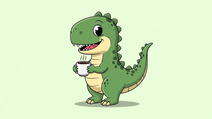 Fototapeta premium Adorable Cartoon Dinosaur Enjoying Coffee Cute Illustration of a Green Dinosaur Holding a Cup and Smiling, Perfect for Kids or Cafe Branding