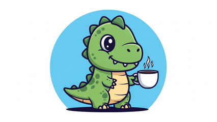 Fototapeta premium Adorable cartoon dinosaur character enjoying a cup of hot coffee with a cheerful expression, perfect for a fun design concept for kids or caffeine lovers