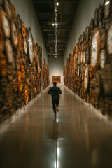 Racing Against Time – Man Running from Giant Clock Gears in Futuristic Hallway