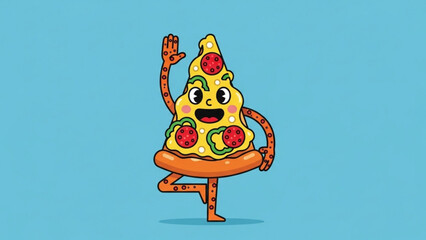 Cheerful slice of pizza in a yoga pose, embodying health, balance, and the playful spirit of combining food with wellness, promoting a positive lifestyle