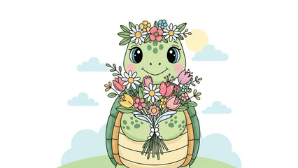 Charming Cartoon Turtle with a Floral Bouquet and Wreath, Smiling Delightfully Amidst Gentle Green Meadow and Clouds, Springtime Bliss