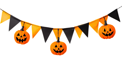 A Halloween pumpkin garland with black and orange flags and pumpkins hanging from them.
