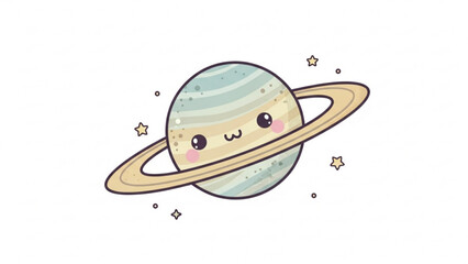 Adorable cartoon depiction of Saturn with a charming face, rings, and stars, perfect for space-themed projects and designs