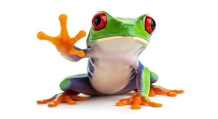 Fototapeta premium Illustration of red eyed tree frog waving isolated on white background, close up view