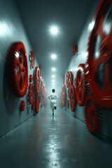 Racing Against Time – Man Running from Giant Clock Gears in Futuristic Hallway