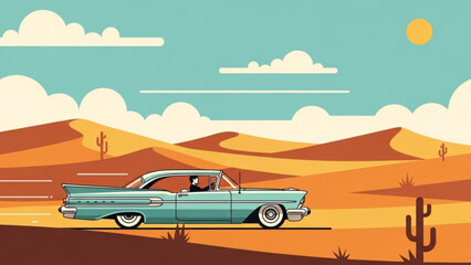 Vintage Car Journey Through the Desert A Stylized Illustration of a Classic Automobile Cruising Across the Sandy Landscape Under a Sunny Sky