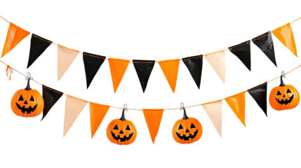 A Halloween-themed bunting with pumpkins and flags.