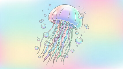 Pastel Jellyfish Illustration A whimsical depiction of a colorful jellyfish with flowing tentacles and bubbles in an ethereal, dreamlike underwater scene