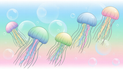 Colorful Jellyfish Floating in the Ocean with Bubbles A Beautiful and Serene Underwater Scene, Perfect for Backgrounds and Designs