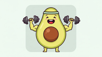 Cartoon avocado character lifting weights, wearing a headband, illustrating fitness, health, and a healthy lifestyle. The avocado is depicted with a smiling face and a cheerful demeanor