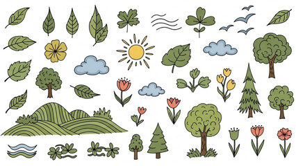 Hand-drawn illustrations of nature elements trees, leaves, flowers, clouds, sun, and landscape for design, decoration, and creative projects