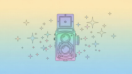 Vintage camera illustration against a soft, gradient background adorned with sparkling stars, perfect for photography and retro themes