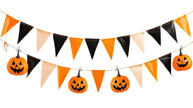 A Halloween-themed bunting with pumpkins and flags.