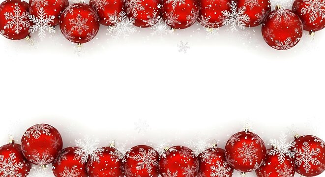 A festive border of red Christmas ornaments with white snowflakes on a white background.