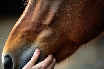 Close-up of a human hand gently touching the muzzle of a brown horse, capturing a moment of calm and connection