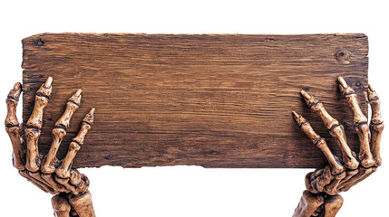 Two skeletal hands holding a wooden sign against a white background.