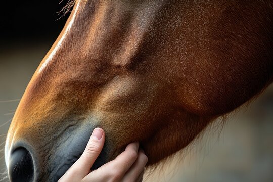 Close-up of a human hand gently touching the muzzle of a brown horse, capturing a moment of calm and connection