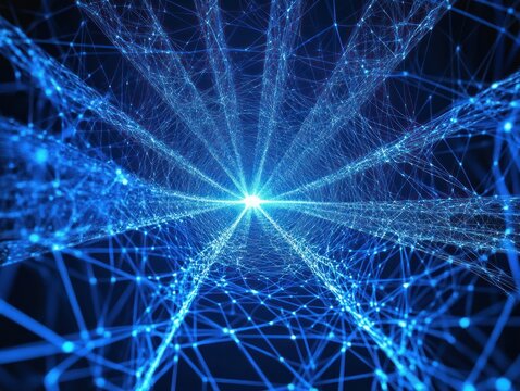 Bright blue glowing network web with interconnected lines and nodes converging to a central point on black background, evoking a futuristic technology grid