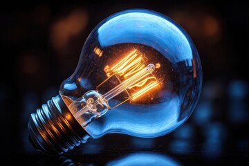 Close-up of a glowing incandescent light bulb laying on a reflective surface with a dark blurry background