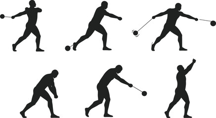 Athletics hammer throw vector silhouettes showing six stages of motion, spinning technique, release and follow through for sports training illustration