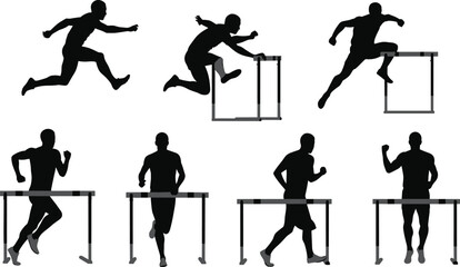 Athlete hurdling silhouettes vector set showing running, jumping, track and field sports, competition training, fitness action, race performance illustration design