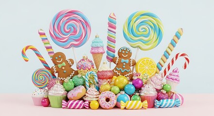 A vibrant assortment of colorful candies, lollipops, and gingerbread cookies arranged on a pink surface against a light blue background.
