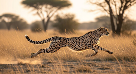 Fototapeta premium Cheetah in Motion: An exquisite cheetah sprints across the savanna, radiating raw speed, with an aura of predator prowess and captivating movement.